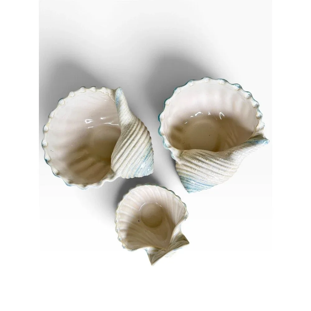 Set of 3 sea shell ceramic bowls planters by Shoreline Collection